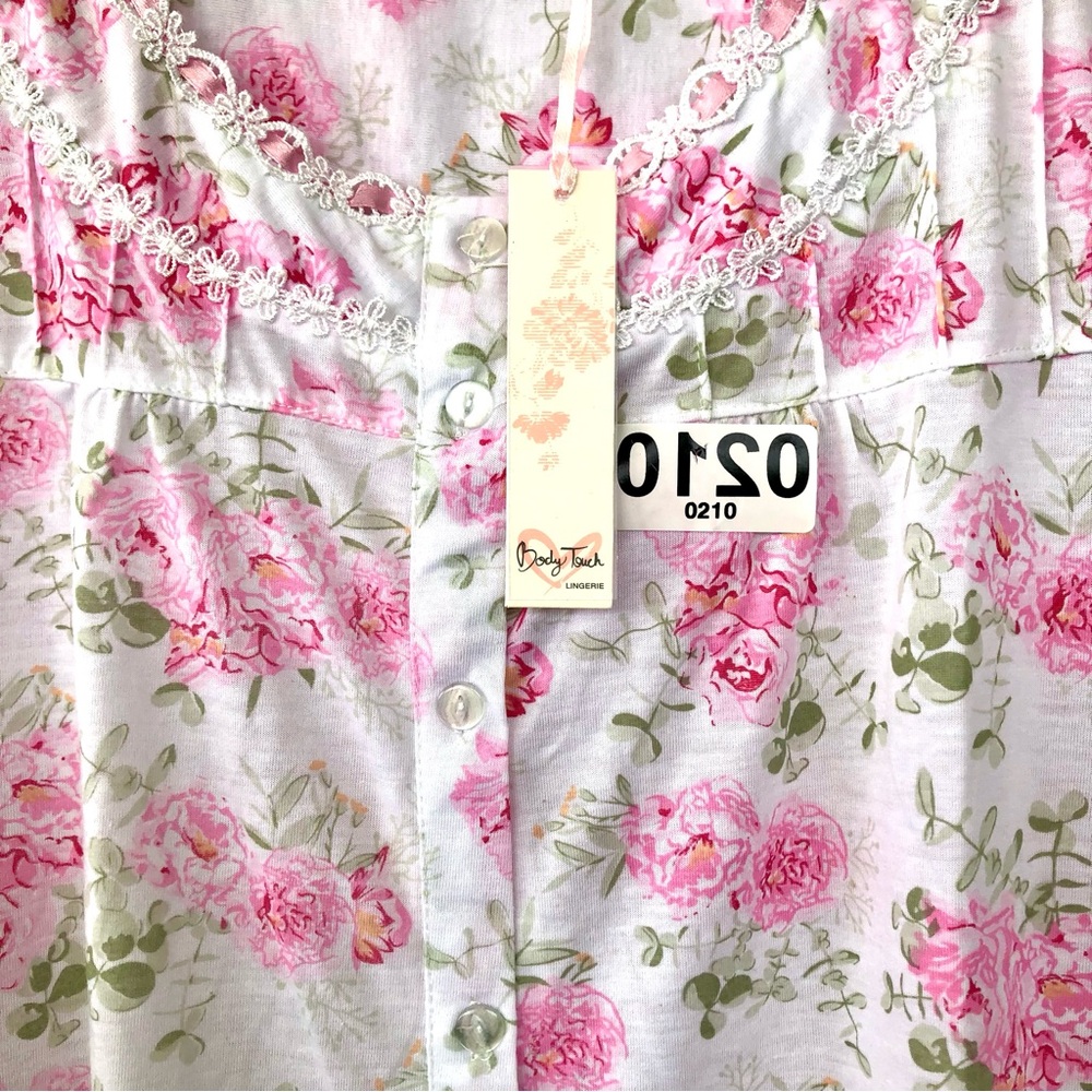 (0210) Floral Pink Button Down Nightgown Lingerie w Lace Details (L) - Picture 2 of 5